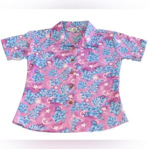 Ten 2 One Womens Hawaiian Aloha Button Up Shirt Blue Hibiscus Tropical Beach NWT